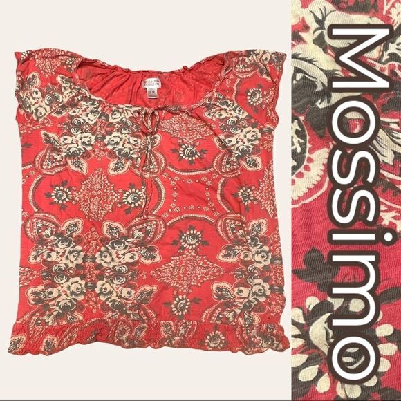 Mossimo women's M top red floral scoop neck with tie cap sleeve elastic bottom - Picture 1 of 6